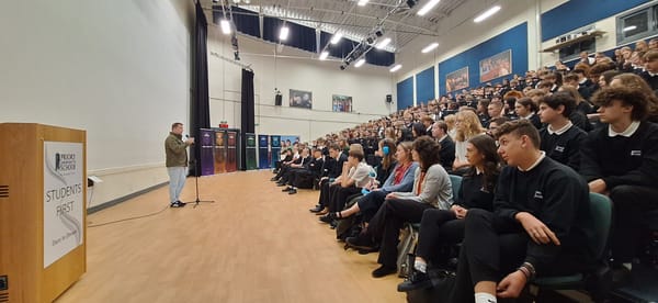 Shawn Jones - who play Mickey in Blood Brothers - comes in to speak to students about his experiences ( By Isabella, 12)