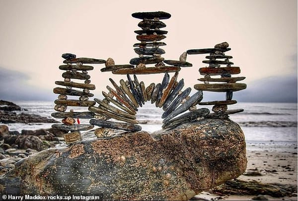 Creative Harry builds rock sculpture while wife shops